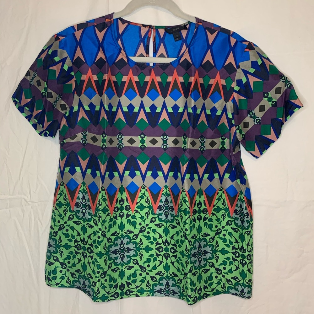 J Crew Multi-Colored Geometric 100% Silk Blouse